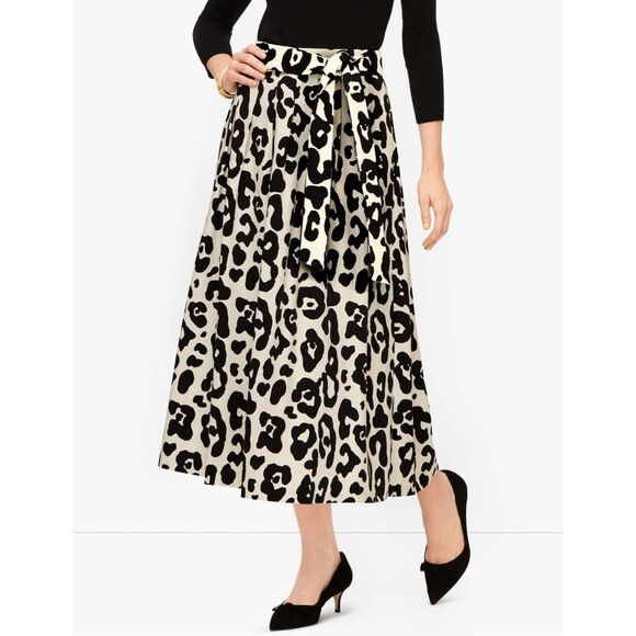 NWT TALBOTS Pleated Tie Waist Leopard Skirt 4P Pockets Lined Zip Black White - Picture 1 of 15